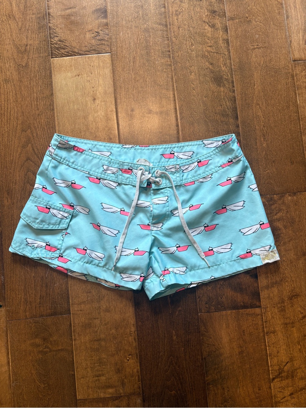 Billabong Aqua Coverup Shorts with Pink & White Boat Print